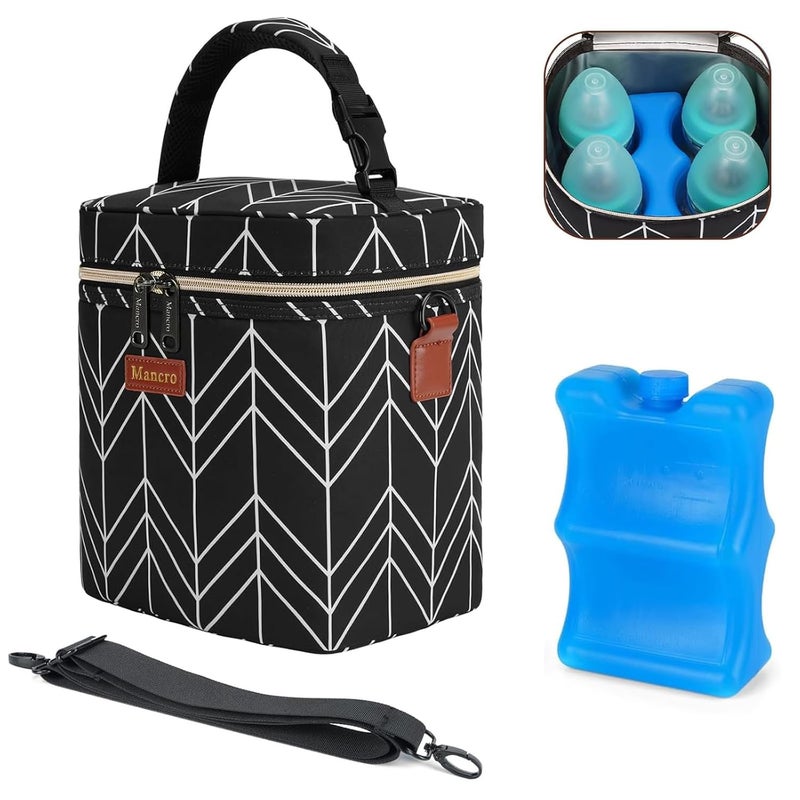 Mancro Breastmilk Cooler Bag Travel, Insulated Baby Bottle Bag with Ice Pack, Fits 4 Baby Bottles Up to 9 Ounce,Leak-Proof & Durable, Black Wave - Image 1